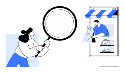Woman holds a magnifying glass inspecting items in an online shopping app on a mobile device. Ideal for e-commerce, online shopping, consumer behavior, mobile apps, marketing, product search, digital