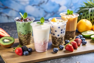 Colorful bubble tea assortment with fresh fruits and garnishes on slate surface.