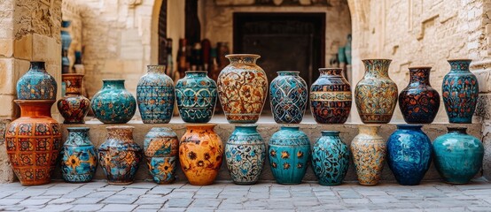 With a white background, an ancient ceramic amphora and clay jugs are arranged to create a nostalgic set of vessels for wine, water, or milk, including space for text