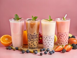Colorful bubble tea assortment with fresh fruits and garnishes on slate surface.