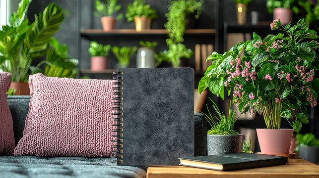 A minimalist area with a sleek ballpoint pen, a blank notebook, and a potted plant, emphasizing the simplicity and refined elegance of a clutter-free writing environment