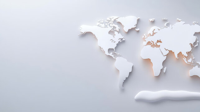 Fototapeta 3D White World Map Illustration - Clean, minimalist 3D world map.  Global connectivity, international business, world travel, exploration, and unity concepts.