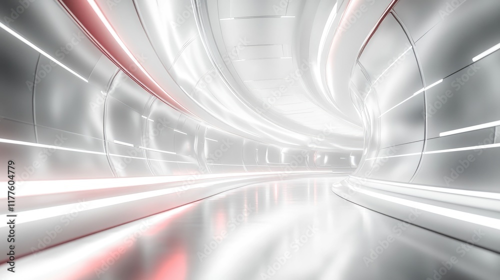 Poster Abstract futuristic background with white and red neon lines in a tunnel of light, curved walls, and white interior design. Ideal for product presentations or virtual space mockups in 3D rendering