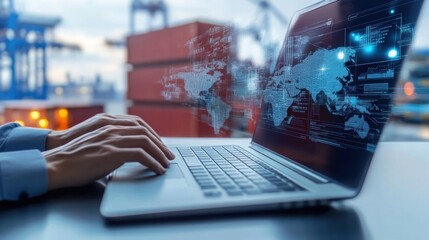 Businessman working on a laptop, interacting with a holographic world map and data, overseeing global logistics and supply chain operations in a bustling port or industrial area