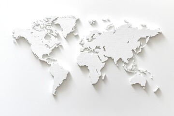 3D White World Map on White Background - Global connectivity, international relations, worldwide travel, geographic exploration, and world unity are symbolized by this minimalist 3D white world map de