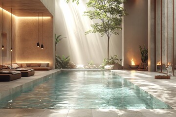 A minimalist Japanese Zen garden with polished concrete that highlights simplicity and tranquility through precise, ultra-realistic details, encouraging a clutter-free lifestyle through intentional