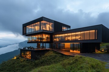 Fototapeta premium A Thai ubosot perched on a hilltop, overlooking a panoramic view of the surrounding countryside and mountains