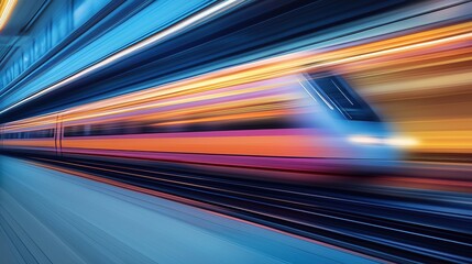 Blurred motion of a modern high-speed passenger express train racing through a station at night, generating vibrant streaks of colorful light across the scene
