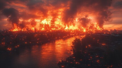Dramatic tension builds as a massive inferno sweeps across the cityscape