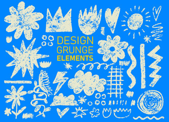 Set childish crayon white drawn doodle. Kids pencil drawings, squiggles in childish girly style, flower, crown, stars. Template freehand cute kid scribbles. Vector bright white chalk icons.