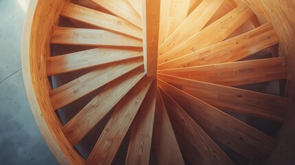 Sun rays highlighting a spiral staircase under construction in a workshop, architectural woodworking, grandeur in progress