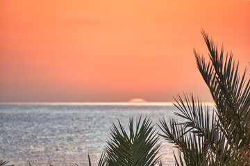 Fantastic sunrise in Marsa Alam over the Red Sea. Visible palm trees, beach umbrellas, typical hotel buildings. Egypt, Marsa Alam 2024