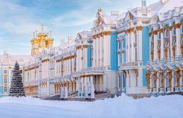 Saint Petersburg, Russia - 05 January 2025: Catherine Palace in Tsarskoye Selo (Pushkin) in winter