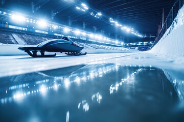 Obraz premium luge sled parked near finish line framed by softly blurred icy reflections and bright stadium lights