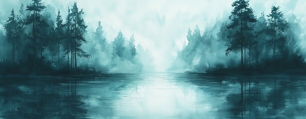 Design art background featuring a serene watercolor landscape in soft blues and greens, with gentle brushstrokes that evoke a calm, peaceful atmosphere