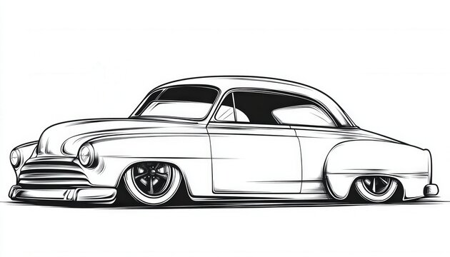 A sleek classic car rendered in simple black and white. Ideal for logos, apparel design, or as a coloring page element.