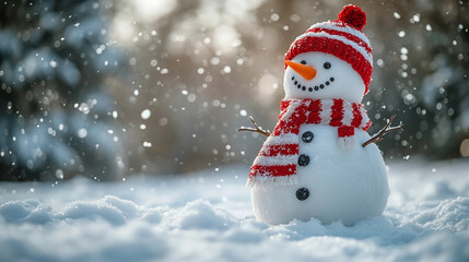 Obraz premium Cheerful Snowman in Red and White Winter Attire with Falling Snow: A festive snowman wearing a red and white knitted hat and matching scarf, set against a soft, snowy bokeh background with snowflakes.