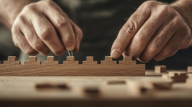 Closeup of dovetail joints being fitted together, highlighting precision, joinery detail, mastery in woodworking