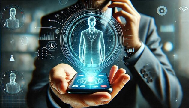 a person calling somebody on a phone through a futuristic hologram video call
