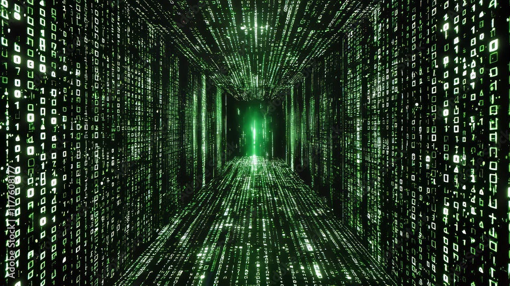 Poster conceptual visualization of digital data flowing on a road, depicting cyber global communication and
