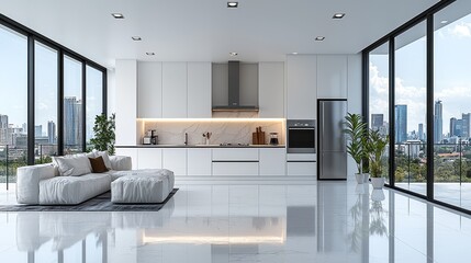 Obraz premium High Resolution pictureSleek cabinetry, a clutter-free countertop, and stainless steel appliances characterize this modern minimalist kitchen, showcasing functionality and clean aesthetics