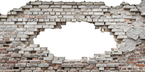 destroyed brick wall cut out on white background PNG.AI GENERATED