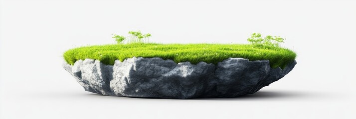 3D Illustration of a Floating Paradise Rock Island - Serene 3D  of a grass-covered rock floating in the air, symbolizing tranquility, nature, escape, balance, and dreams.
