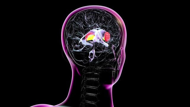 3D animation of a human brain highlighting the putamen (red), globus pallidus (yellow), and ventricles (purple transparent). These structures are involved in motor control and basal ganglia function.