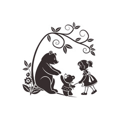 teddy bear and her baby with a little girl with leaf