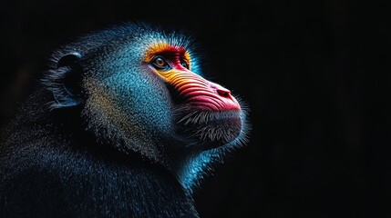 A close-up of a baboon's face reveals its striking features and vibrant colors. The animal gazes thoughtfully, surrounded by a dark background, allowing for text placement
