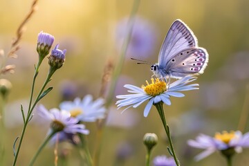 Fototapeta premium Delicate Butterfly Resting on a Daisy in a Sunlit Meadow