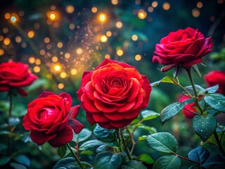 Naklejka premium Night Bloom: Red Roses in a Summer Country Garden