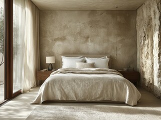 A softly illuminated minimalist bedroom, seen from a low angle, showcases simple throw pillows and a cozy rug, highlighting its clean lines and clutter-free character