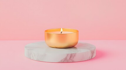 Golden candle on marble coaster on pink background
