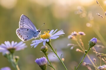 Delicate Butterfly Resting on a Daisy in a Sunlit Meadow