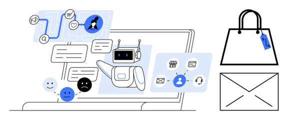 Chatbot on a laptop manages customer messages and queries. Icons of emails, shopping, users, sales, tech support visible. Ideal for e-commerce, tech support, communication AI customer service