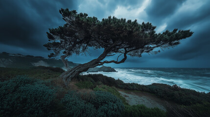 Fototapeta premium A tree torn by winds and storms on the seashore.
