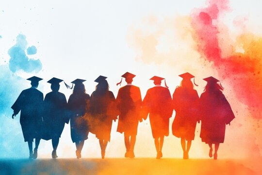 A dreamy watercolor depiction of a graduation ceremony, with colorful caps and gowns against a blurred, vibrant background