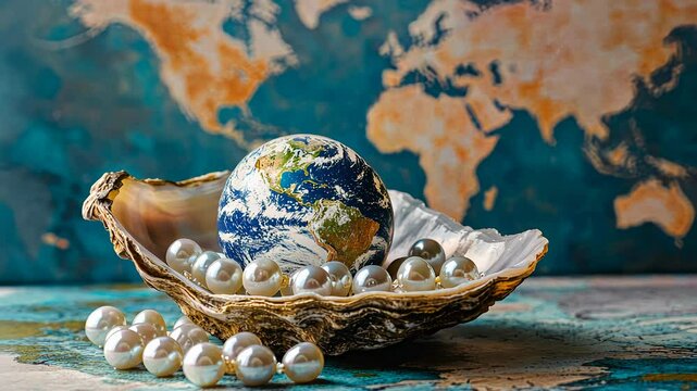 Earth globe and pearls resting in an oyster shell on world map