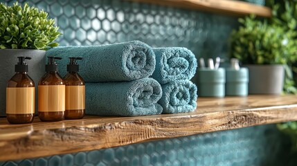 The bathroom shelf is adorned with white rolled towels, toiletries housed in wooden containers, a basket containing various items, and two potted plants, all arranged for a tidy appearance
