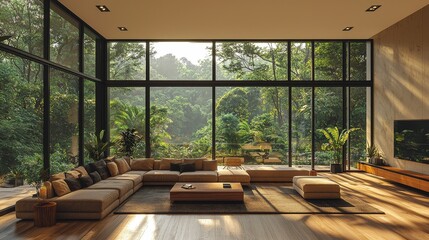 Fototapeta premium Minimalist living room emphasizing functionality, adorned with simple furniture and a clean environment using neutral colors