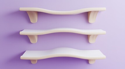 Handcrafted oak white bookshelf with curved edges on light purple background