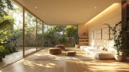 Fototapeta premium A cream-colored minimalist room featuring a stark, undecorated wall, expertly illuminated to accentuate the space's simplicity and calm