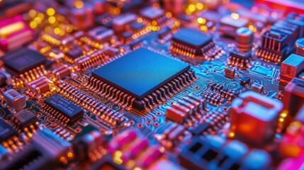 Obraz premium Colorful macro photograph highlighting the intricate details of a microchip, emphasizing the complexity and sophistication of modern electronics with its network of circuits and components