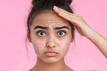 An Indian woman with acne and moles on her face, expressing worries