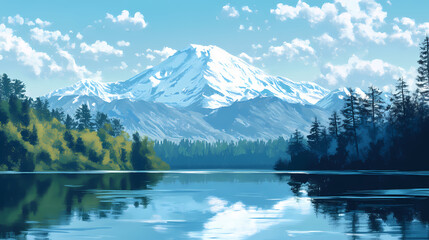 During winter, a scenic view of a snowcapped mountain can be seen by the lake. Snowcap. Illustration