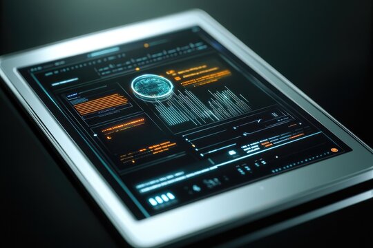 precise close-up of futuristic holographic blockchain ledger displayed on sleek digital tablet