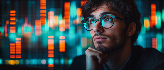 Strategic Visionary: A pensive young businessman contemplates the glowing stock market data on a screen, symbolizing strategic planning and thoughtful decision-making in the finance industry.