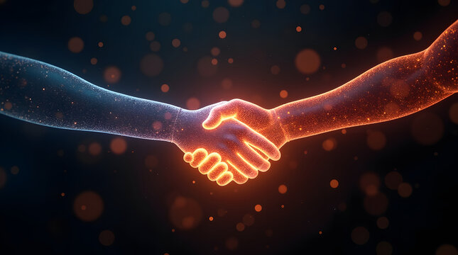 A futuristic concept of cyber diplomacy: two glowing hands shaking, made of digital particles