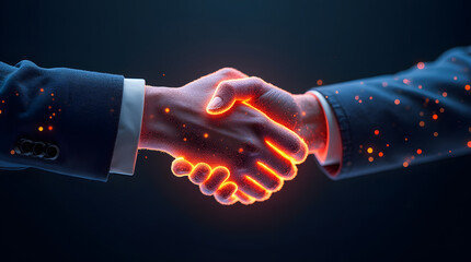 A futuristic concept of cyber diplomacy: two glowing hands shaking, made of digital particles